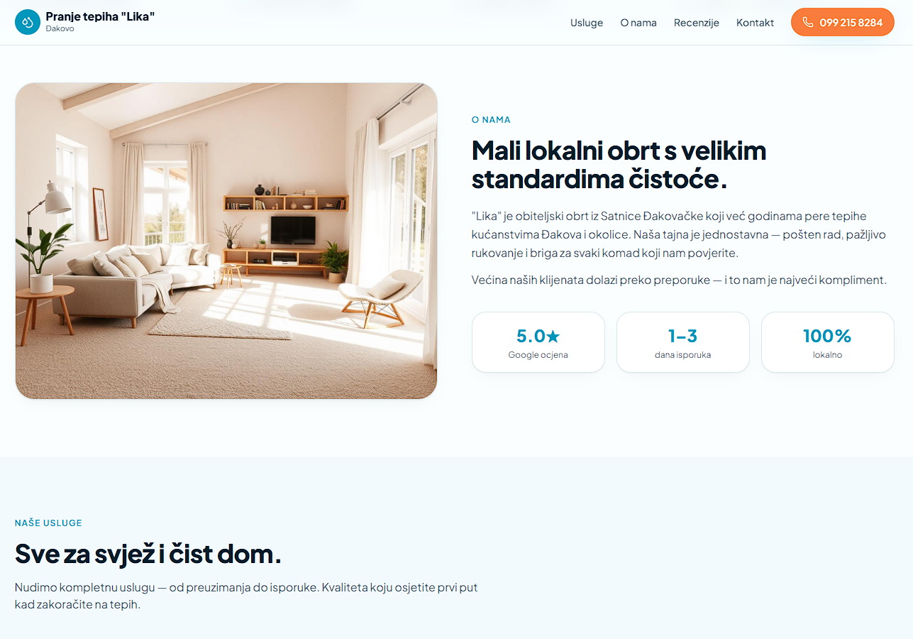 Moderna web stranica obrta Pranje tepiha Lika nakon redizajna
