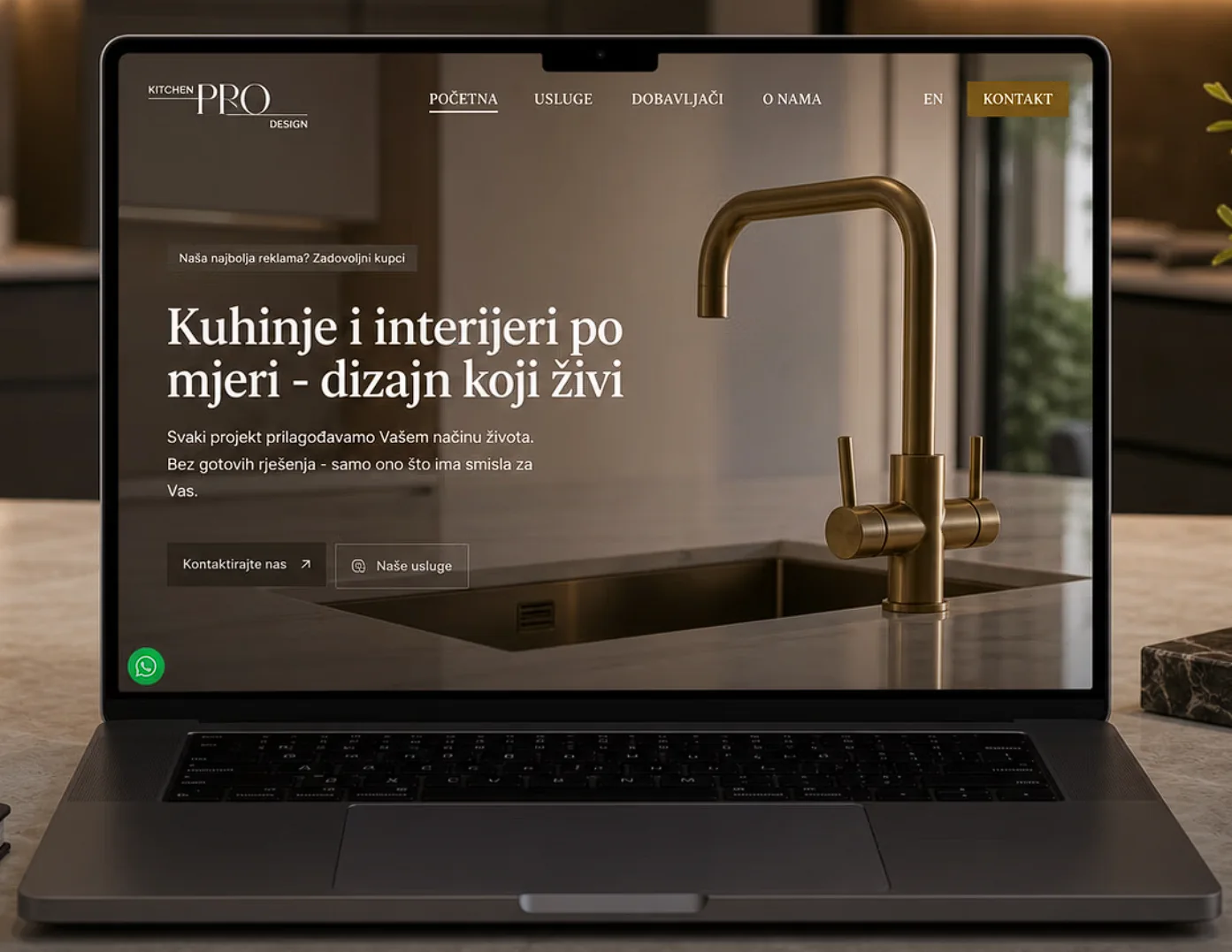 Web stranica Kitchen Pro Design prikazana na prijenosnom računalu