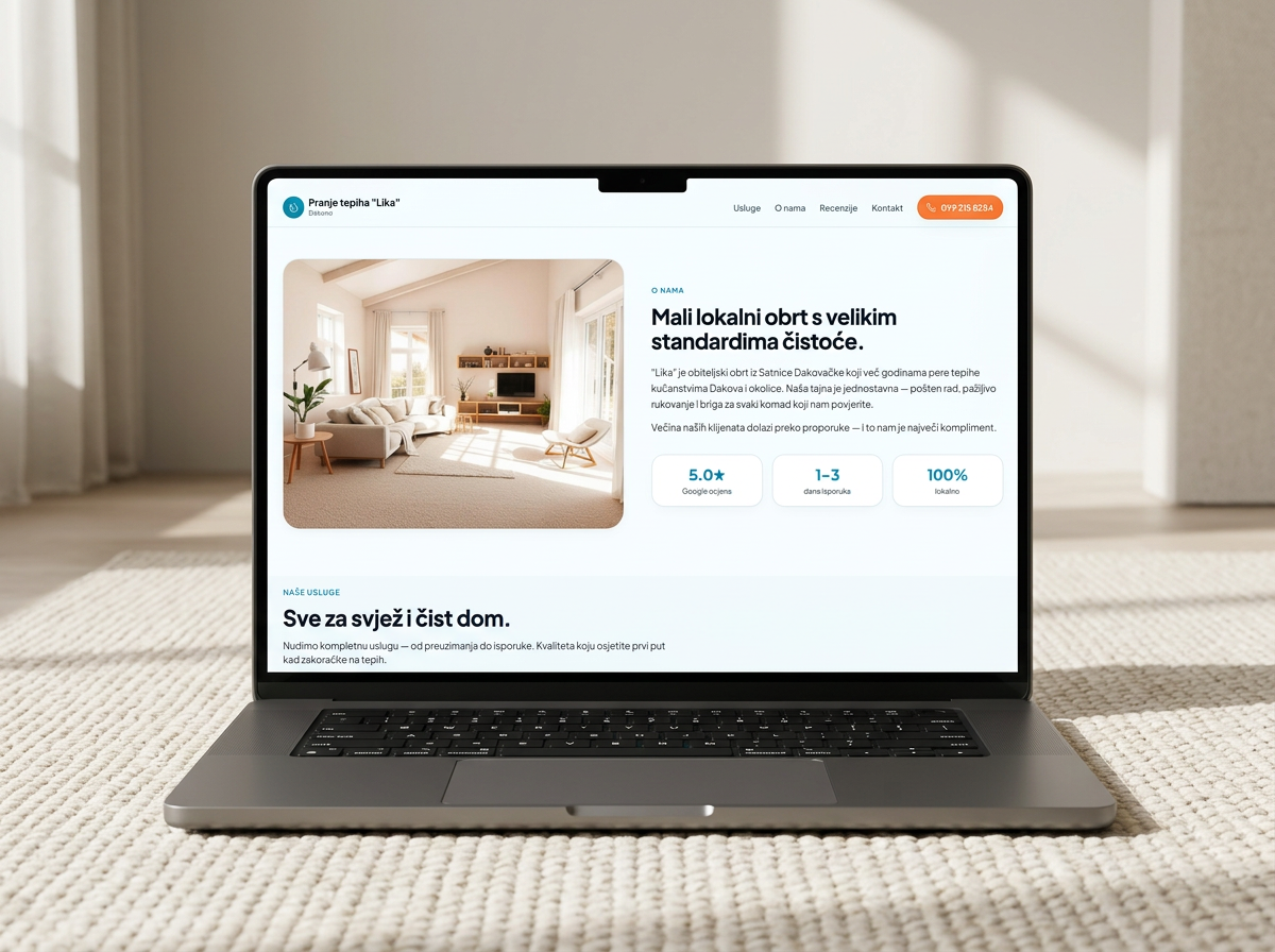 Web stranica Pranje tepiha Lika prikazana na prijenosnom računalu